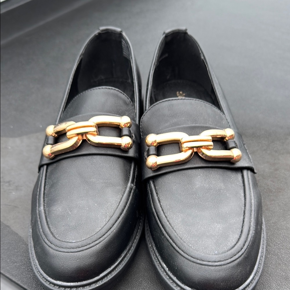 Black Loafers with Gold Chain Detail